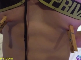 A blindfolded and tied up hunk with great body gets nipple pegging and edging.
