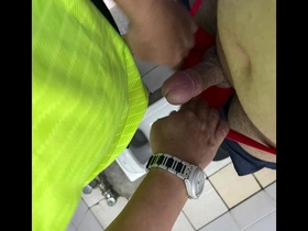 Public toilet action ends up in a cum shower