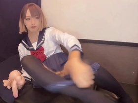 Solo pleasure of a blonde crossdresser, Asian ladyboy.