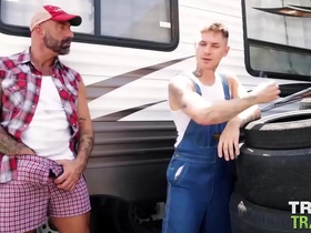 Trailer trash boys go wild in gay scene with big cock and blowjob action