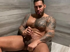 A steamy shower scene with a tattooed, dominant, and pierced daddy who likes to talk and pleasure himself.