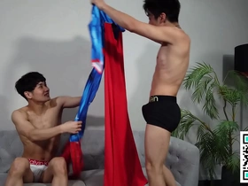 Superheroes in tight costumes having sex with Asian men
