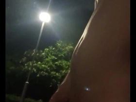 Naked Asian woman walking in the park and getting a public orgasm