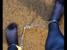 Gay pantyhose and leg shackles fetish video