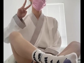 Kneeling Asian sissy in hanfu gets a facial and anal sex with a dildo