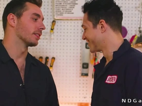 Muscular gay coworkers have sex at a gas station