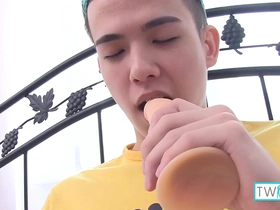 Skinny brunette boy masturbates and uses a dildo on himself.