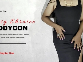 Beautiful Indian transsexual in black bodycon, striptease and solo performance.