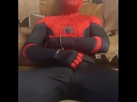 Gay Spidey solo pleasure in tight spandex suit