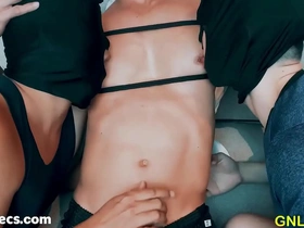 Two Asian boys help a lucky guy to reach an incredible climax with nipple licking and muscle worship.