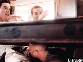 A secret gay man enjoys a blowjob during a business dinner.